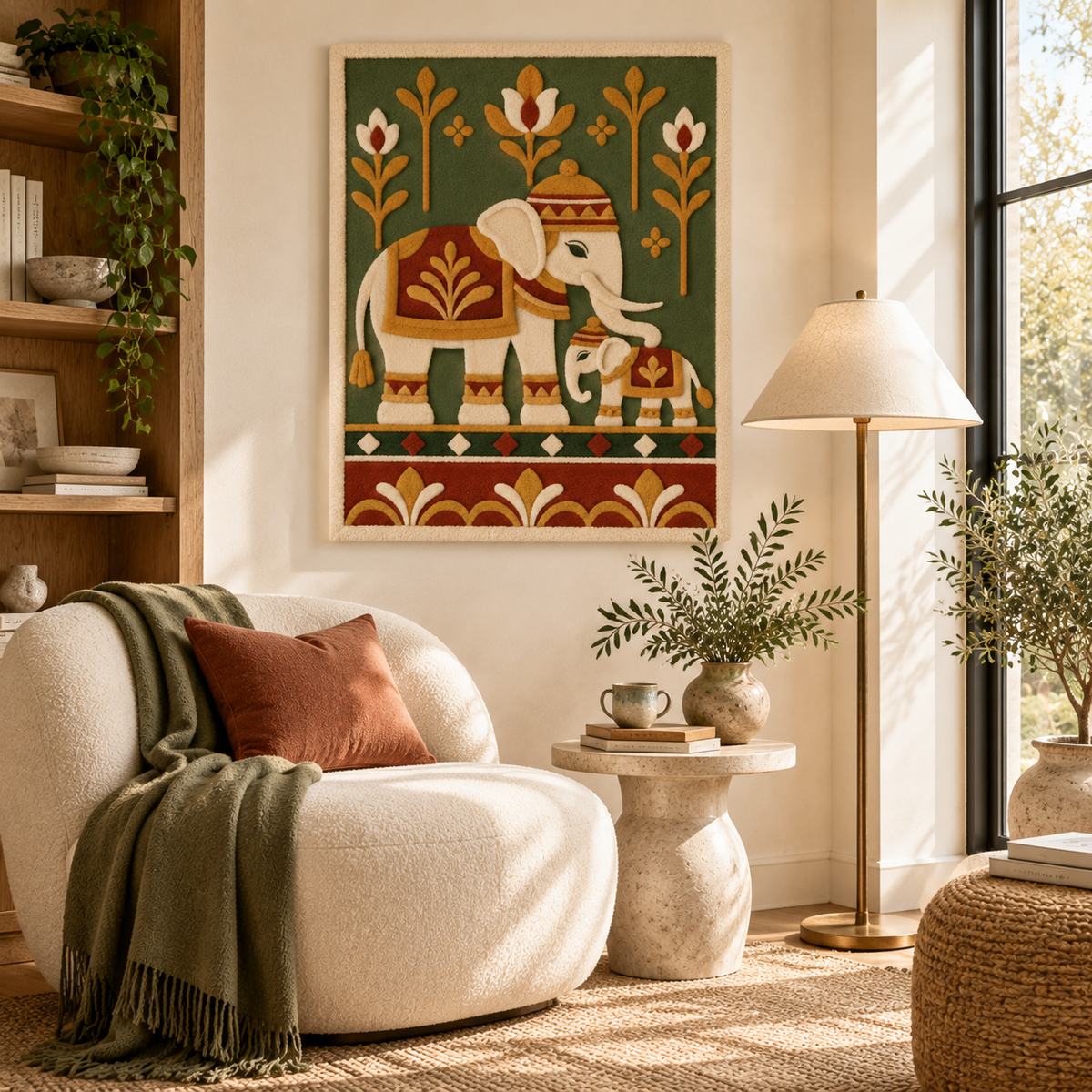 Hewn Earth Marigold Elephant Pair wall art displayed in a room scene, featuring vibrant yellow and gray elephants on a white background.