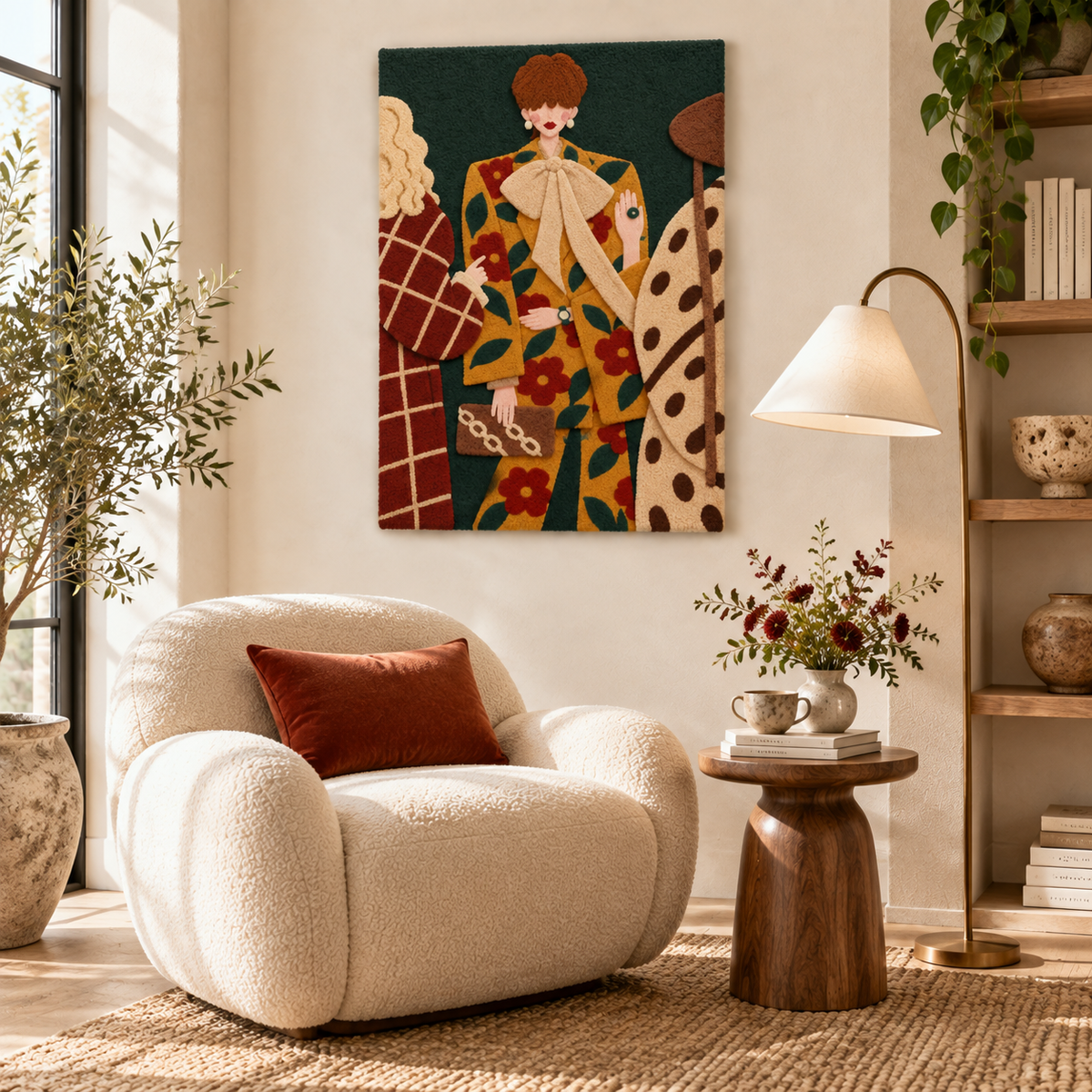 Hewn Earth Marigold Floral Suit wall art displayed in a room, showcasing vibrant marigold flowers and intricate floral design.