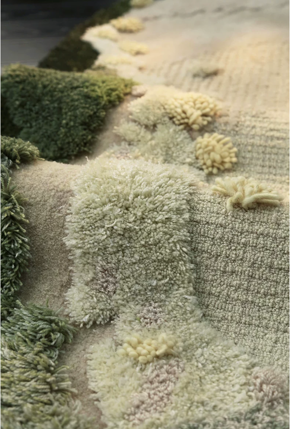 Hewn Earth Studio Meadow rug with a natural, earthy design featuring soft green and beige tones, perfect for cozy living spaces.