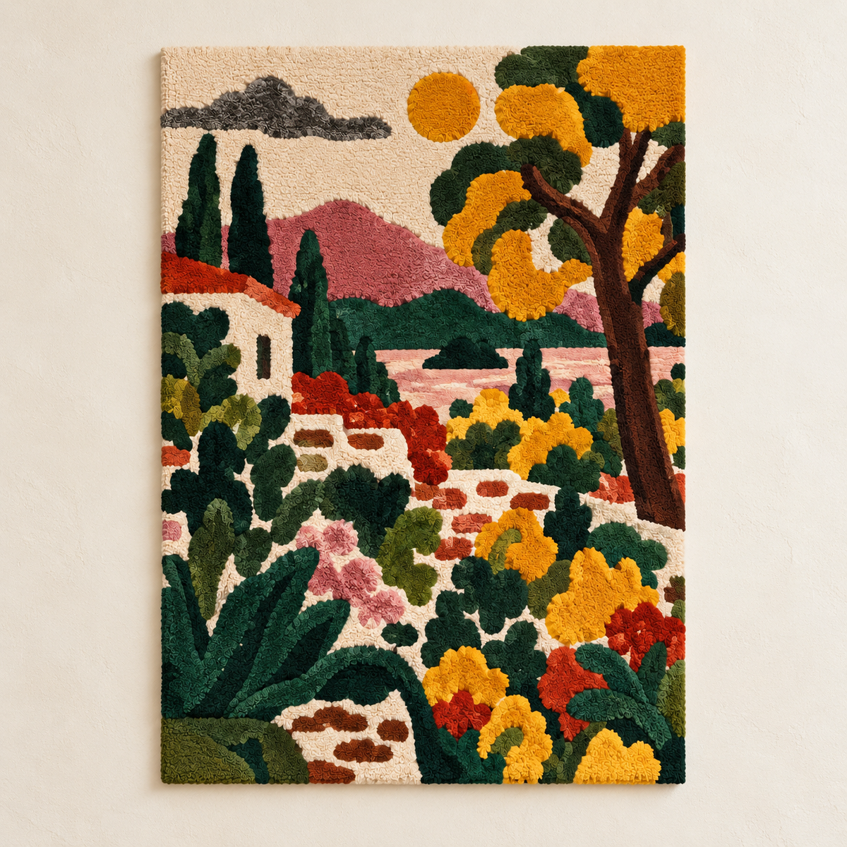 Hewn Earth Mediterranean Garden Afternoon wall art featuring vibrant garden scene with lush greenery and colorful flowers on textured canvas