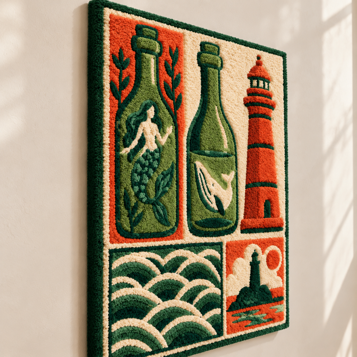 Mermaid Bottles and Coral Beacon — angled relief view