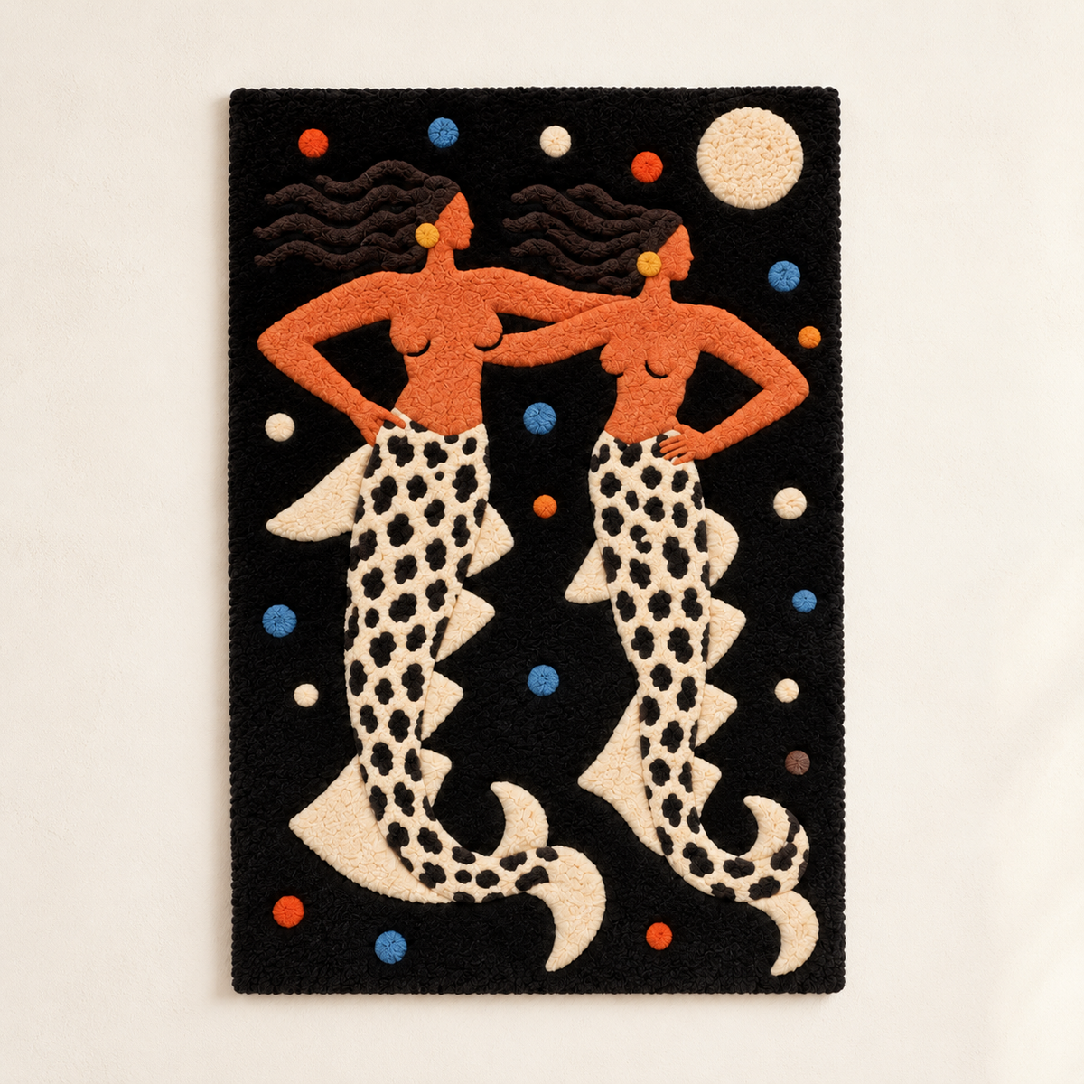 Hewn Earth Mermaid Sisters After Midnight wall art featuring two mermaids with flowing hair against a dark, mystical background.