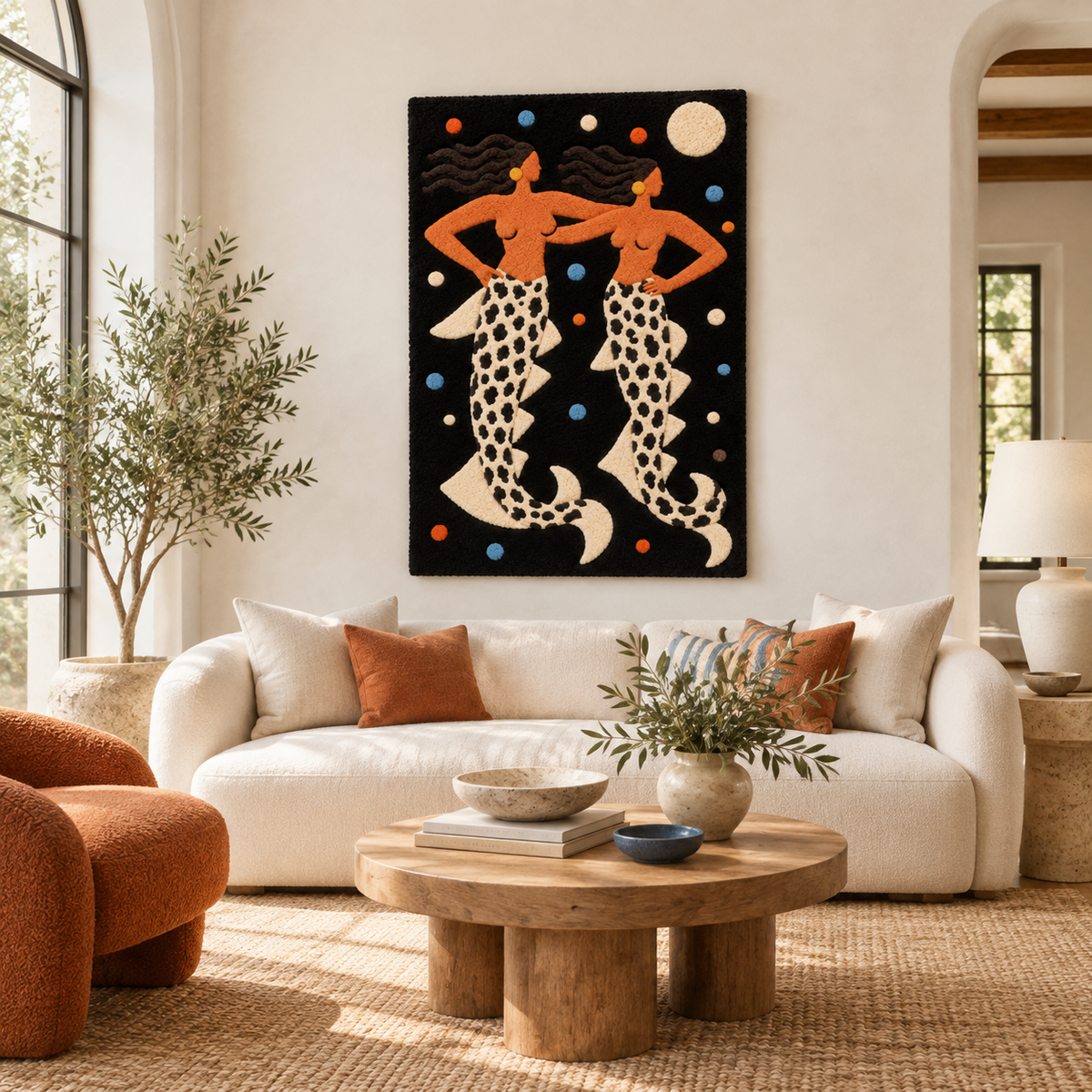 Hewn Earth Mermaid Sisters After Midnight wall art featuring two mermaids with flowing hair and ocean background.