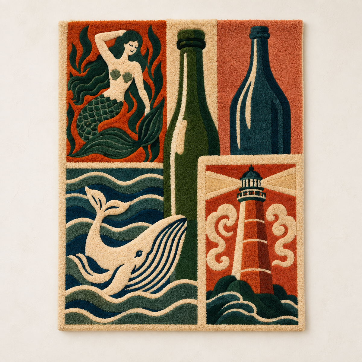 Hewn Earth wall art featuring a mermaid, wine, and lighthouse scene with vibrant colors and detailed design.