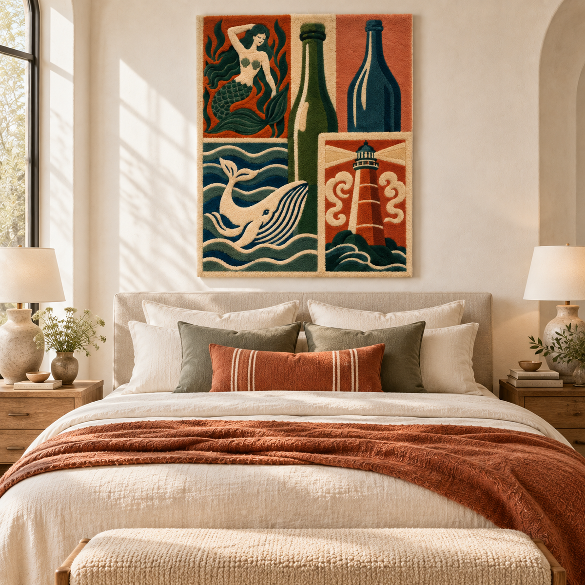 Hewn Earth Mermaid Wine and Lighthouse wall art featuring a mermaid and lighthouse scene in a cozy room setting.