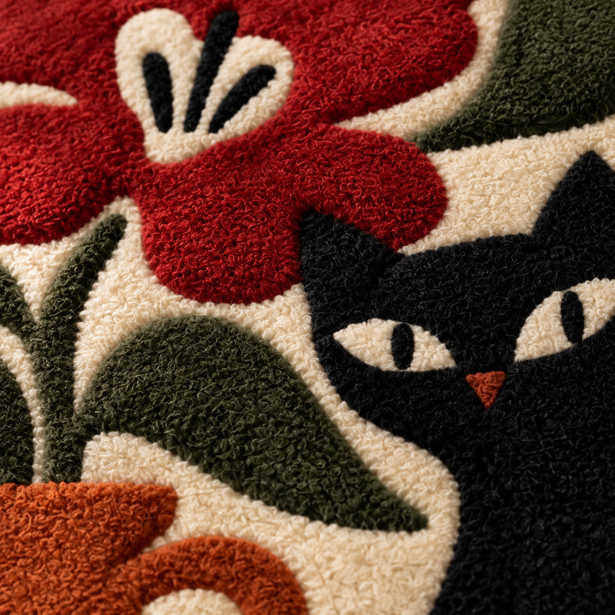Midnight Cat with Crimson Bloom — tufted wool texture detail