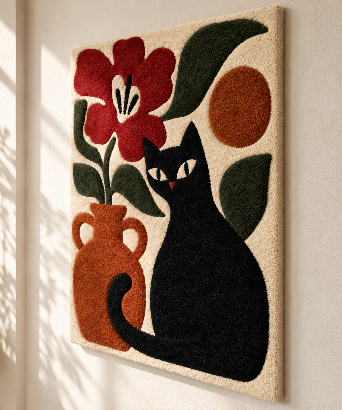 Midnight Cat with Crimson Bloom — angled relief view