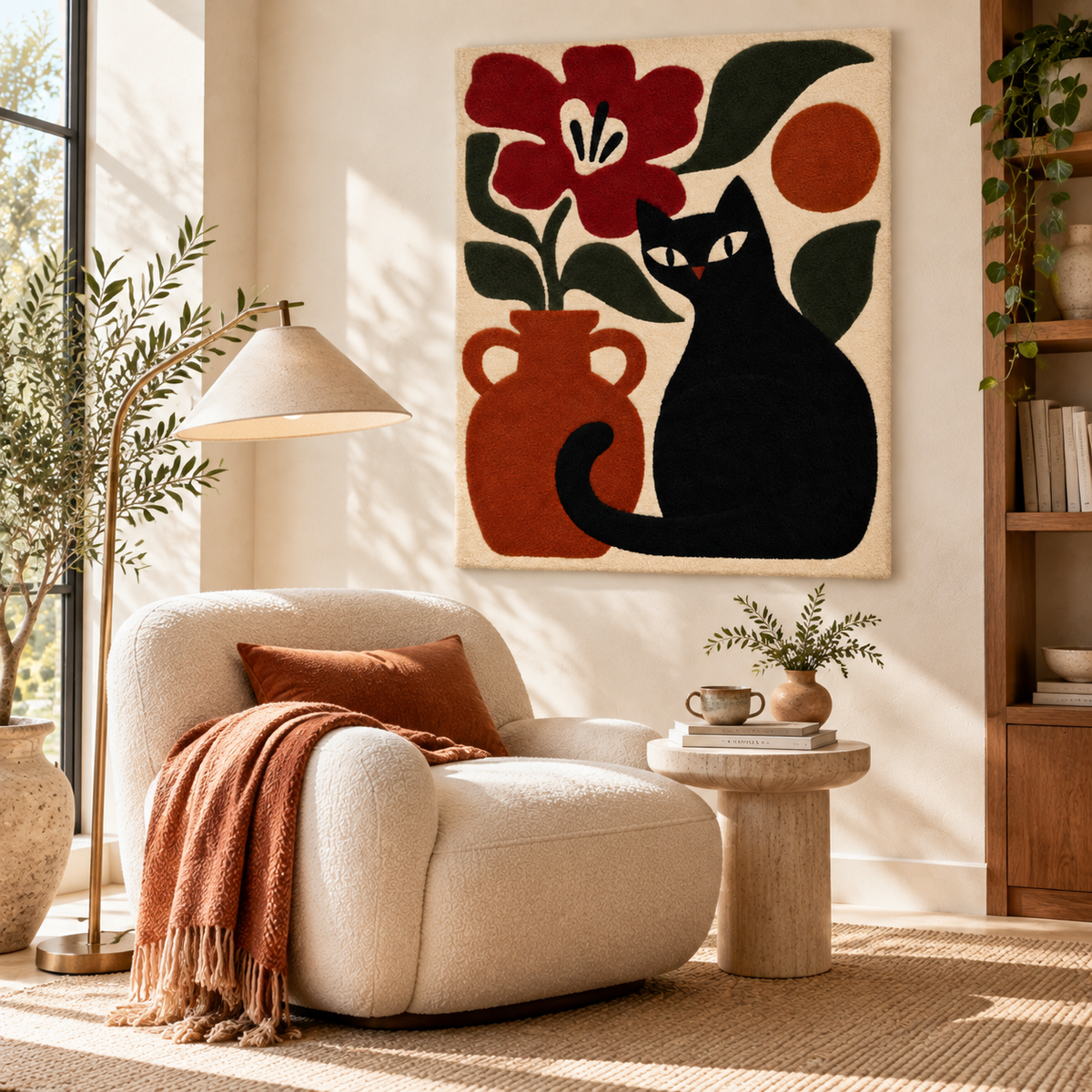 Midnight Cat with Crimson Bloom — room setting