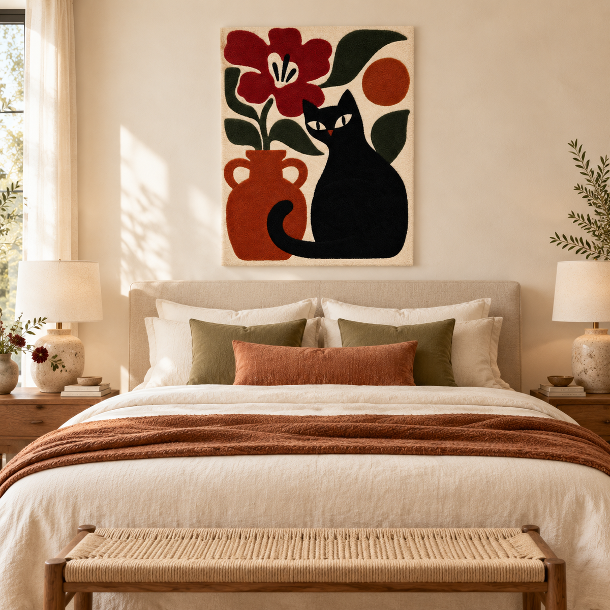 Midnight Cat with Crimson Bloom — room setting