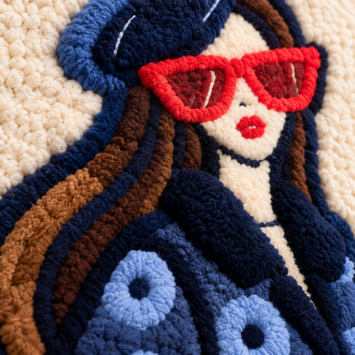 Midnight Daisy Stride — tufted wool texture detail