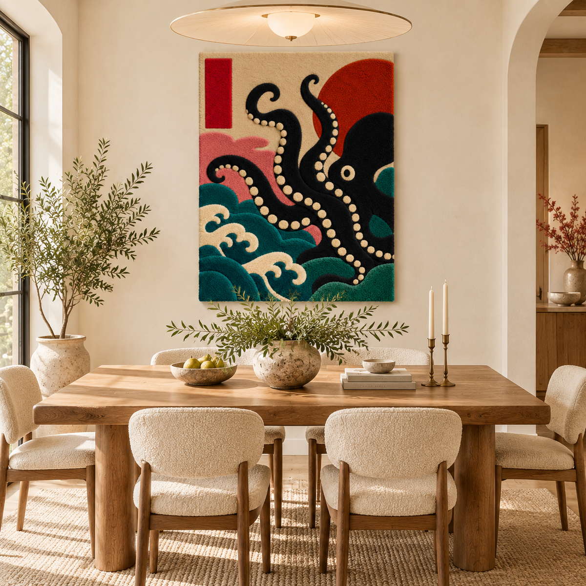 Hewn Earth Midnight Octopus Tide wall art displayed in a room setting, showcasing dark, ocean-inspired aquatic octopus design.