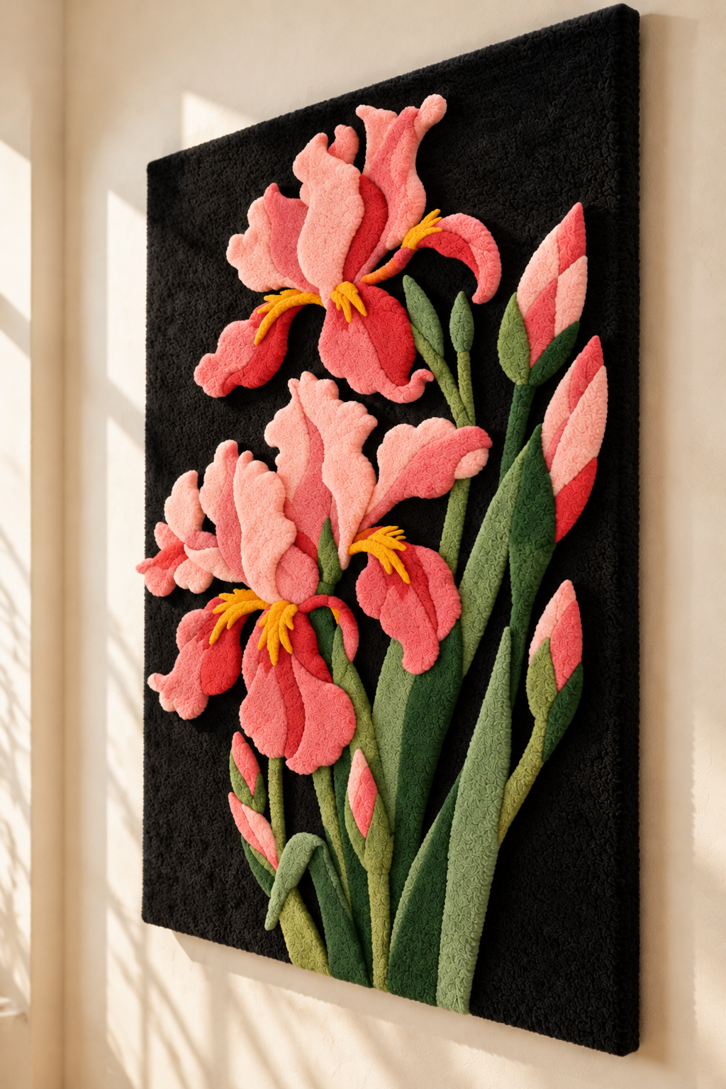 Midnight Pink Irises by Hewn Earth Studio — angled relief view