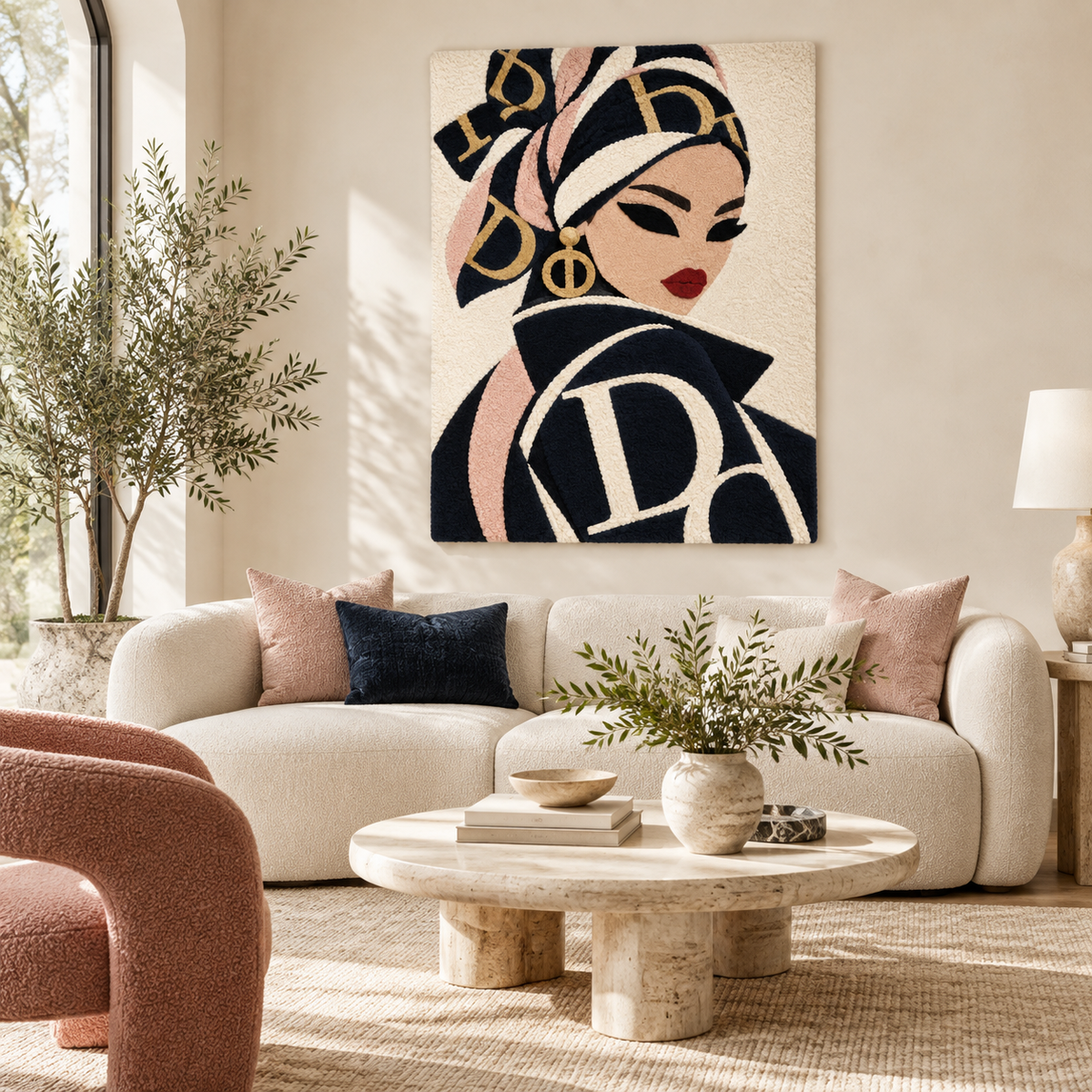 Hewn Earth Midnight Wrap Blush Ribbons wall art featuring flowing pink and black ribbon patterns on a neutral room background.