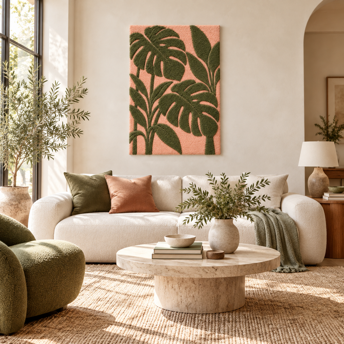Monstera on Blush — front-facing room scene
