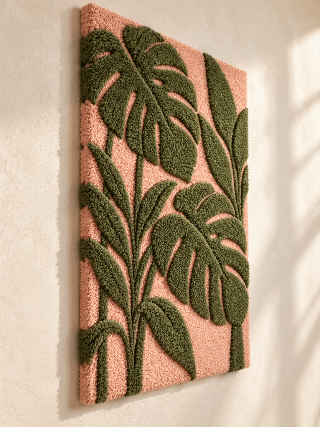 Monstera on Blush — angled relief view