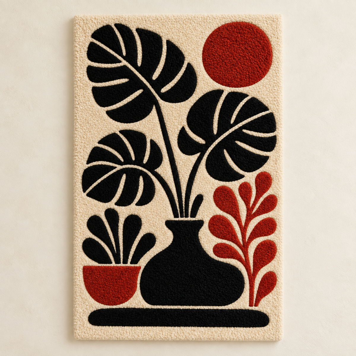 Hewn Earth Monstera Scarlet Stillness wall art featuring vibrant red and green monstera leaves on a neutral background.