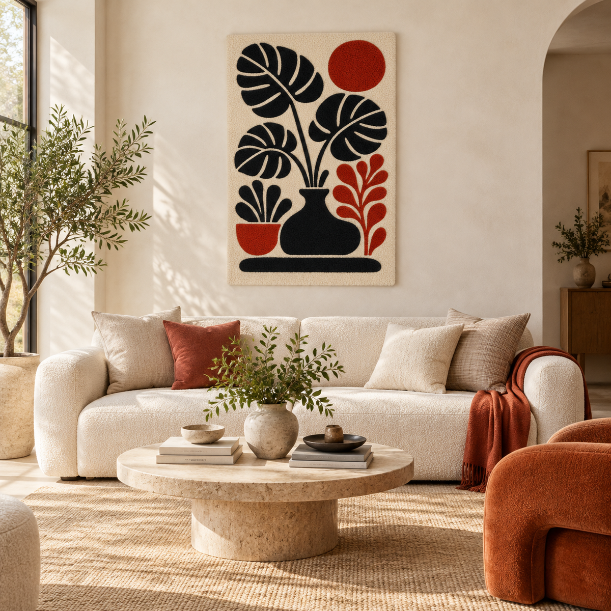 Hewn Earth Monstera Scarlet Stillness wall art featuring vibrant red and green monstera leaf design on a neutral background.