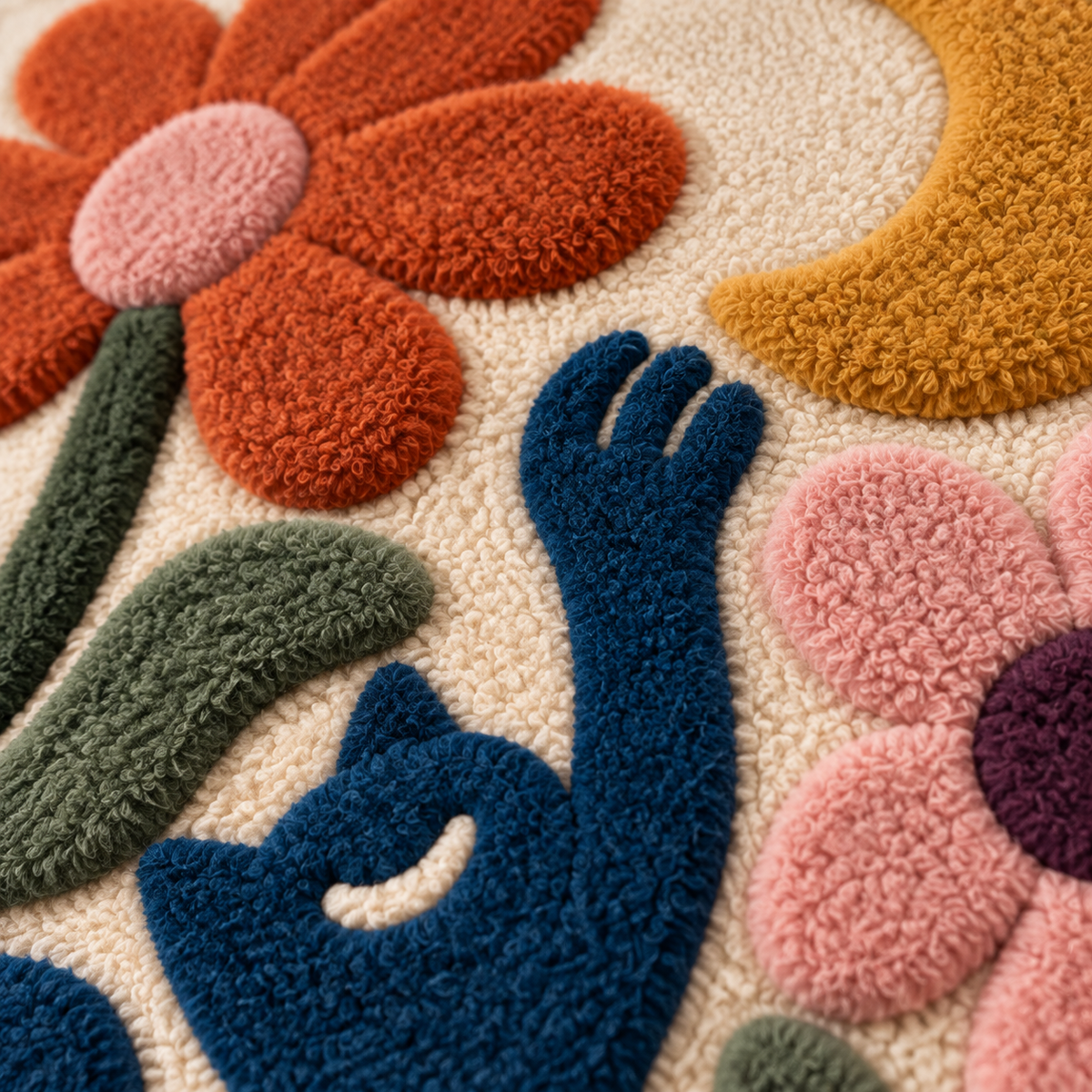 Moon Reaching Garden Cat — tufted wool texture detail