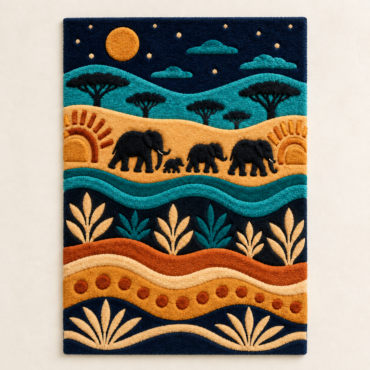 Hewn Earth moonlit elephant procession wall art featuring a serene scene with elephants under a glowing moon in a peaceful landscape.