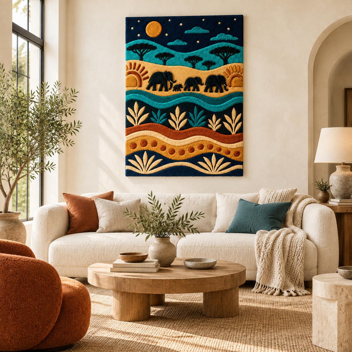 Hewn Earth Moonlit Elephant Procession wall art featuring elephants walking under moonlight in a serene scene