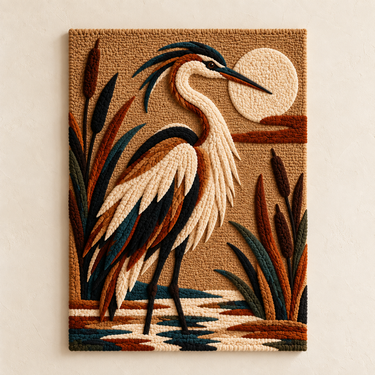 Moonlit Reed Heron wall art by Hewn Earth featuring a serene heron silhouette against a moonlit reed background.
