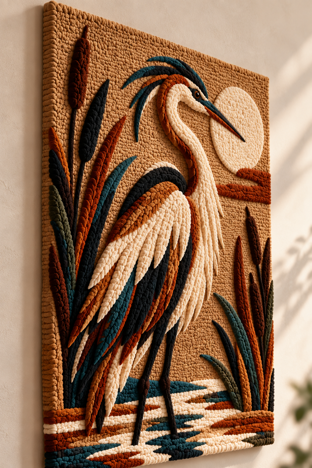 Hewn Earth Moonlit Reed Heron wall art featuring a heron silhouette against a moonlit reed background, displayed on a wall.