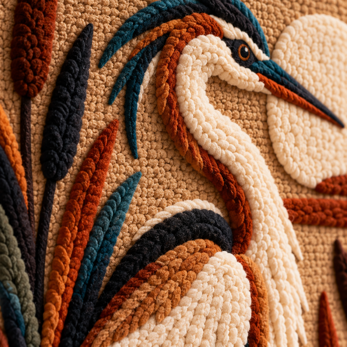 Close-up of Hewn Earth Moonlit Reed Heron wall art featuring detailed reed and heron design at night with moonlit scenery.