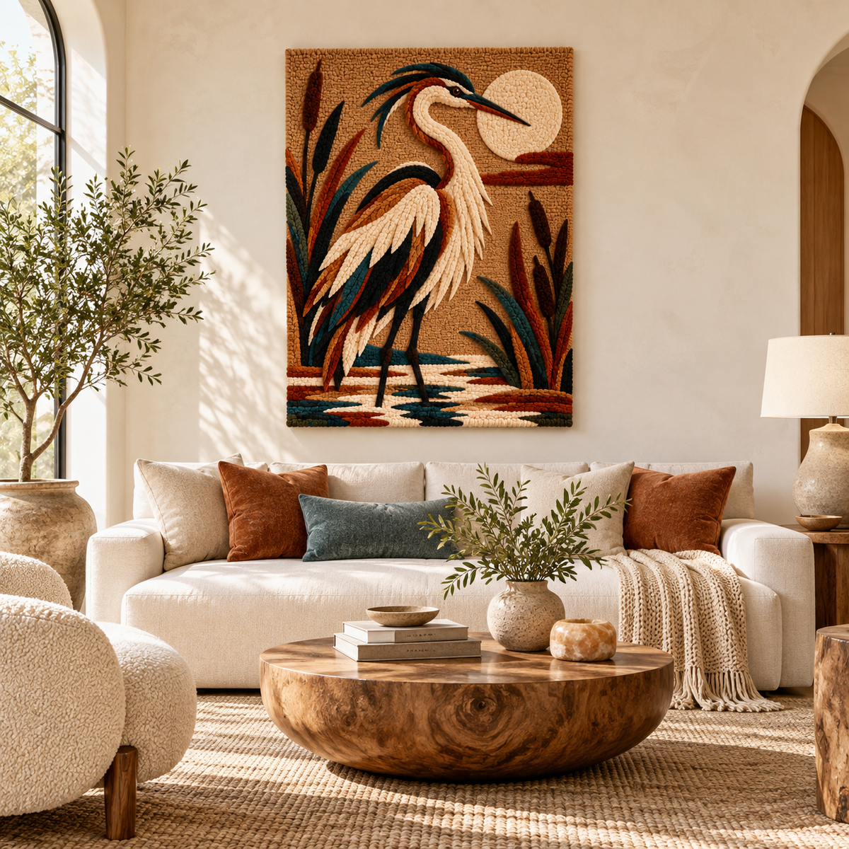 Hewn Earth Moonlit Reed Heron wall art, featuring a serene heron silhouette against a moonlit reed scene, suitable for wall decor.