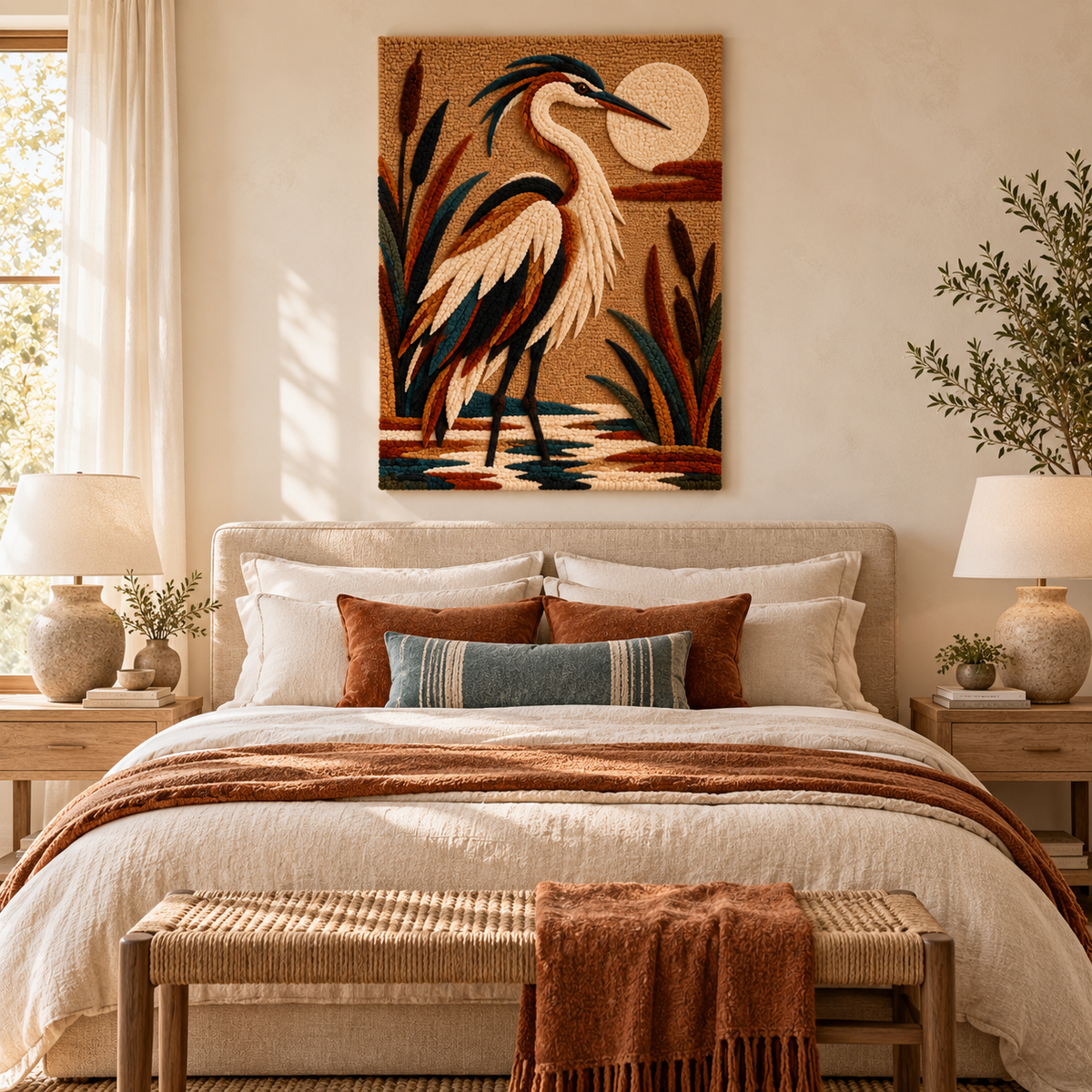 Hewn Earth Moonlit Reed Heron wall art featuring a heron among reeds illuminated by moonlight, ideal for nature-inspired decor.