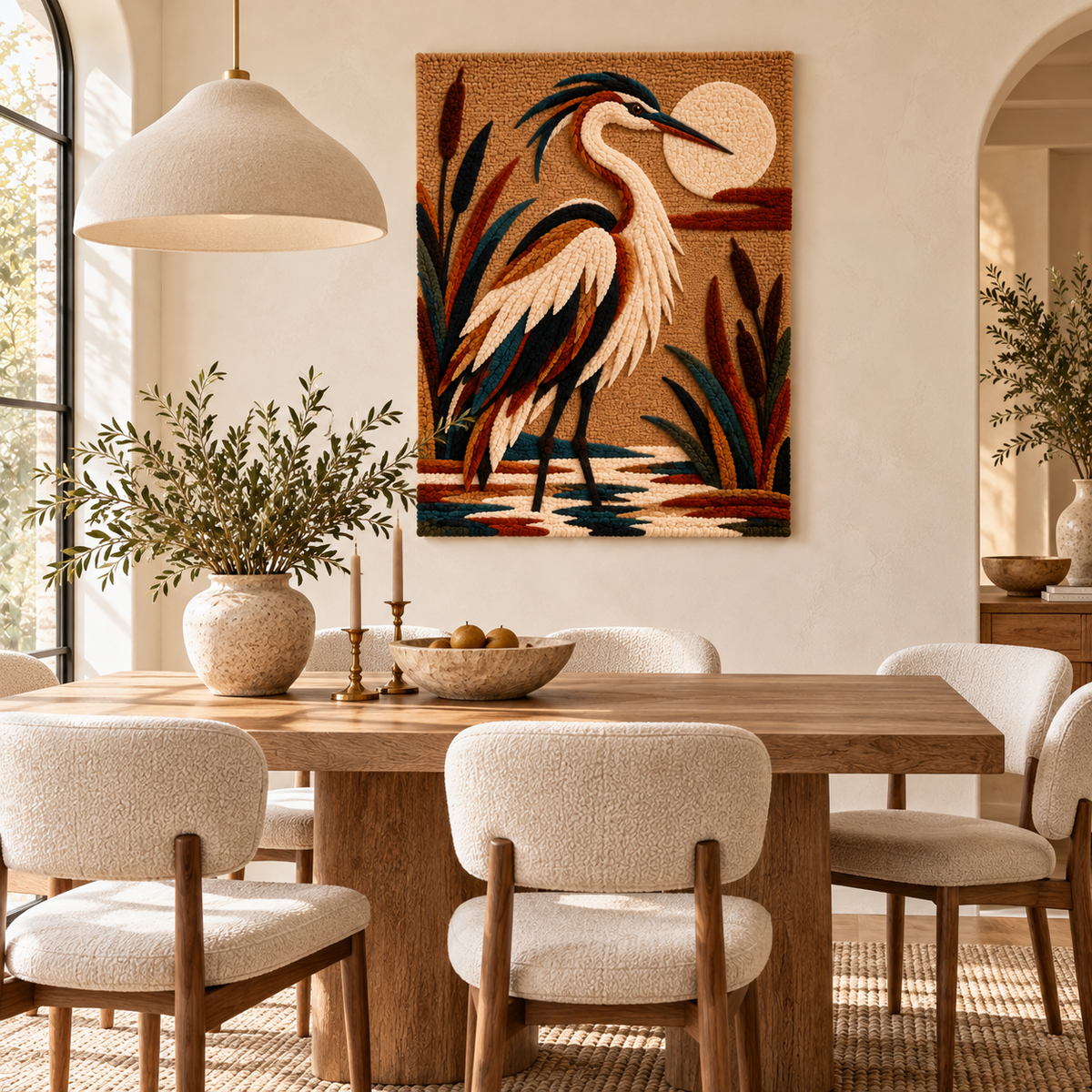 Hewn Earth Moonlit Reed Heron wall art featuring a graceful heron standing among reeds at night, suitable for home decor.