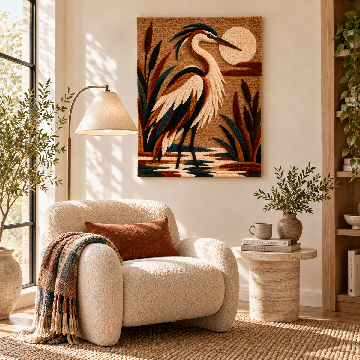 Hewn Earth Moonlit Reed Heron wall art featuring a serene heron silhouette against a moonlit reed background.