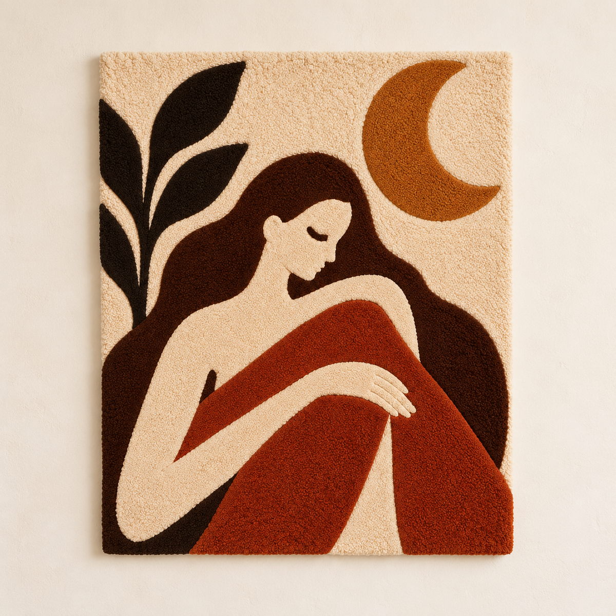 Hewn Earth wall art titled Moonlit Woman in Rust showing a woman illuminated by moonlight with warm rust tones.