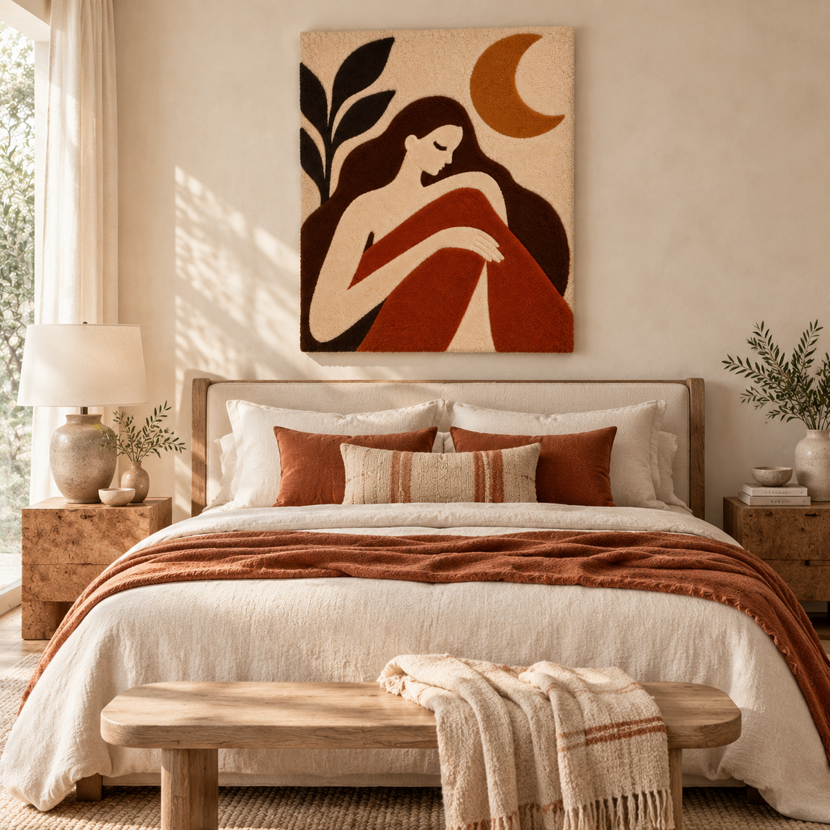 Hewn Earth wall art featuring a moonlit woman in rust tones, creating a serene and artistic room scene.