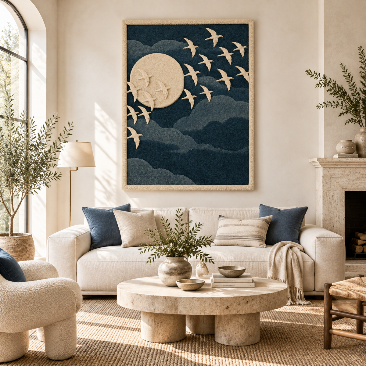 Hewn Earth Moonward Ivory Flock wall art featuring abstract ivory-toned flock design on a room wall.