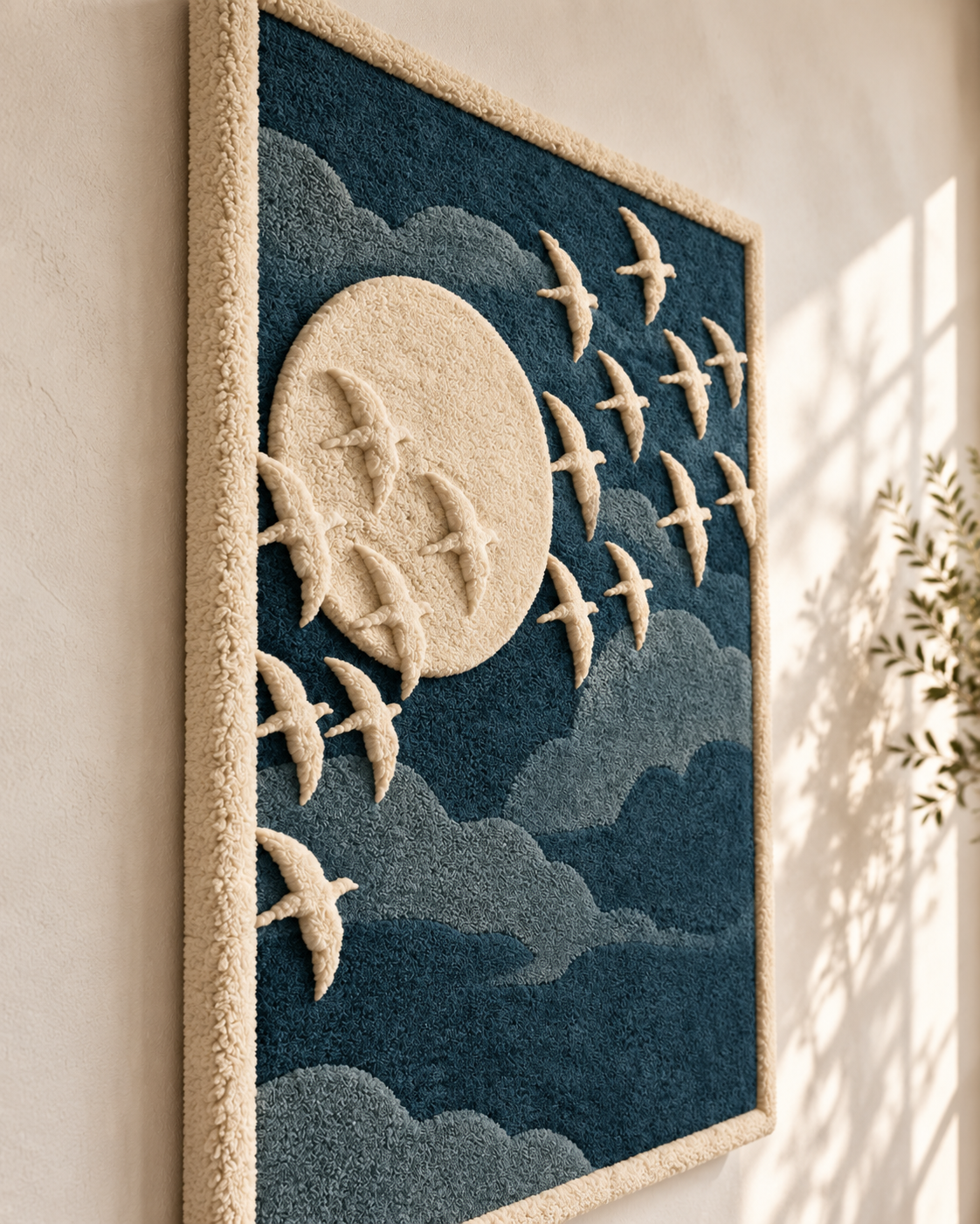 Hewn Earth Moonward Ivory Flock wall art featuring abstract ivory flock design on a textured surface, viewed from an angle.