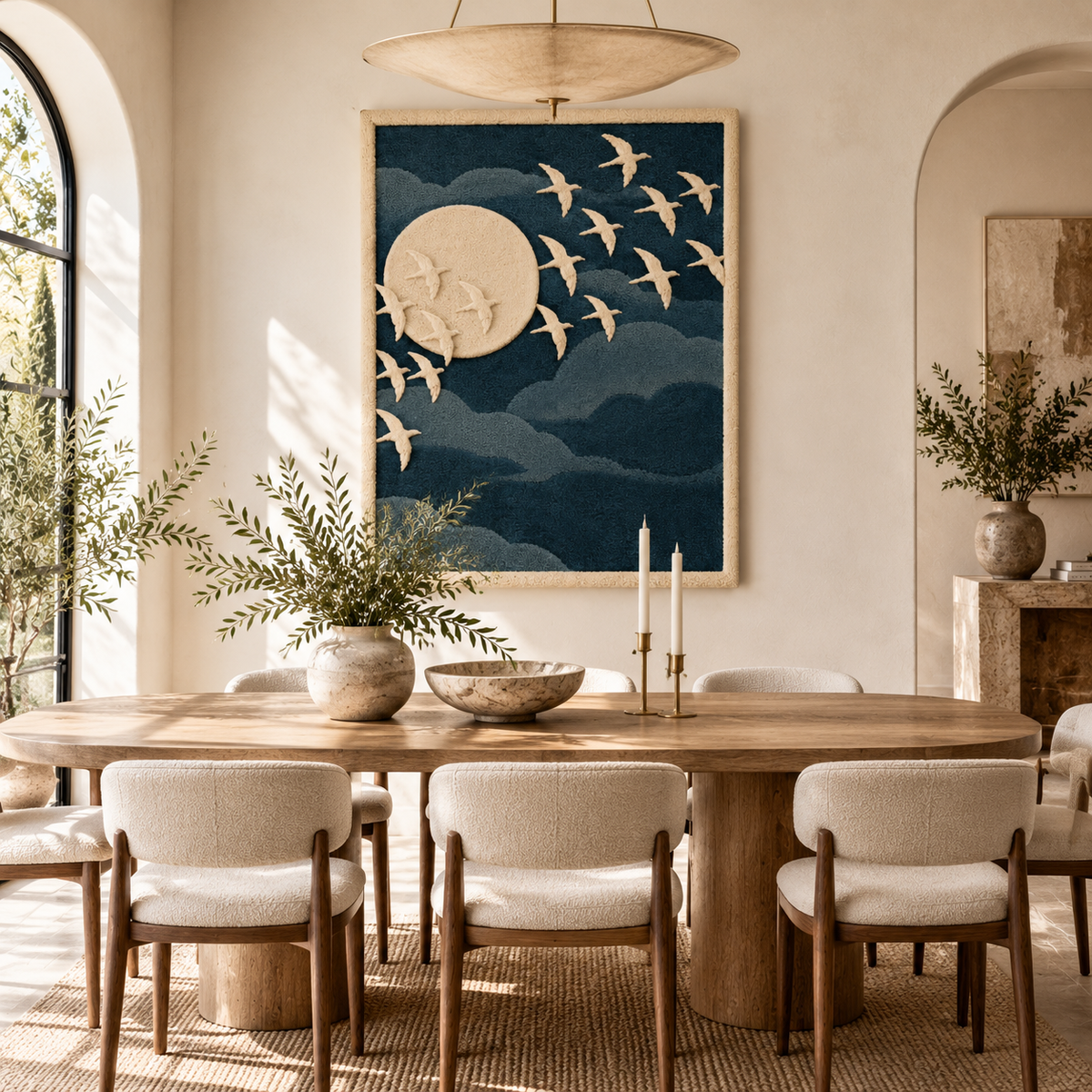 Hewn Earth Moonward Ivory Flock wall art displayed in a modern room scene, showcasing its elegant ivory flock design.
