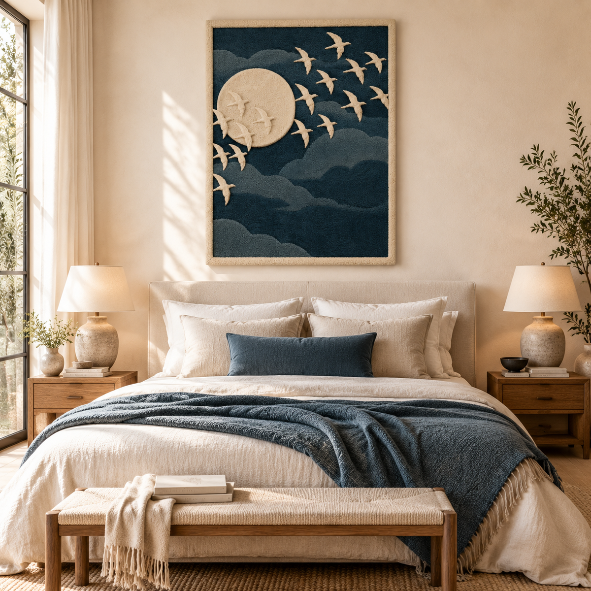 Hewn Earth Moonward Ivory Flock wall art displayed in a modern room scene, showcasing its elegant ivory flock design on the wall.