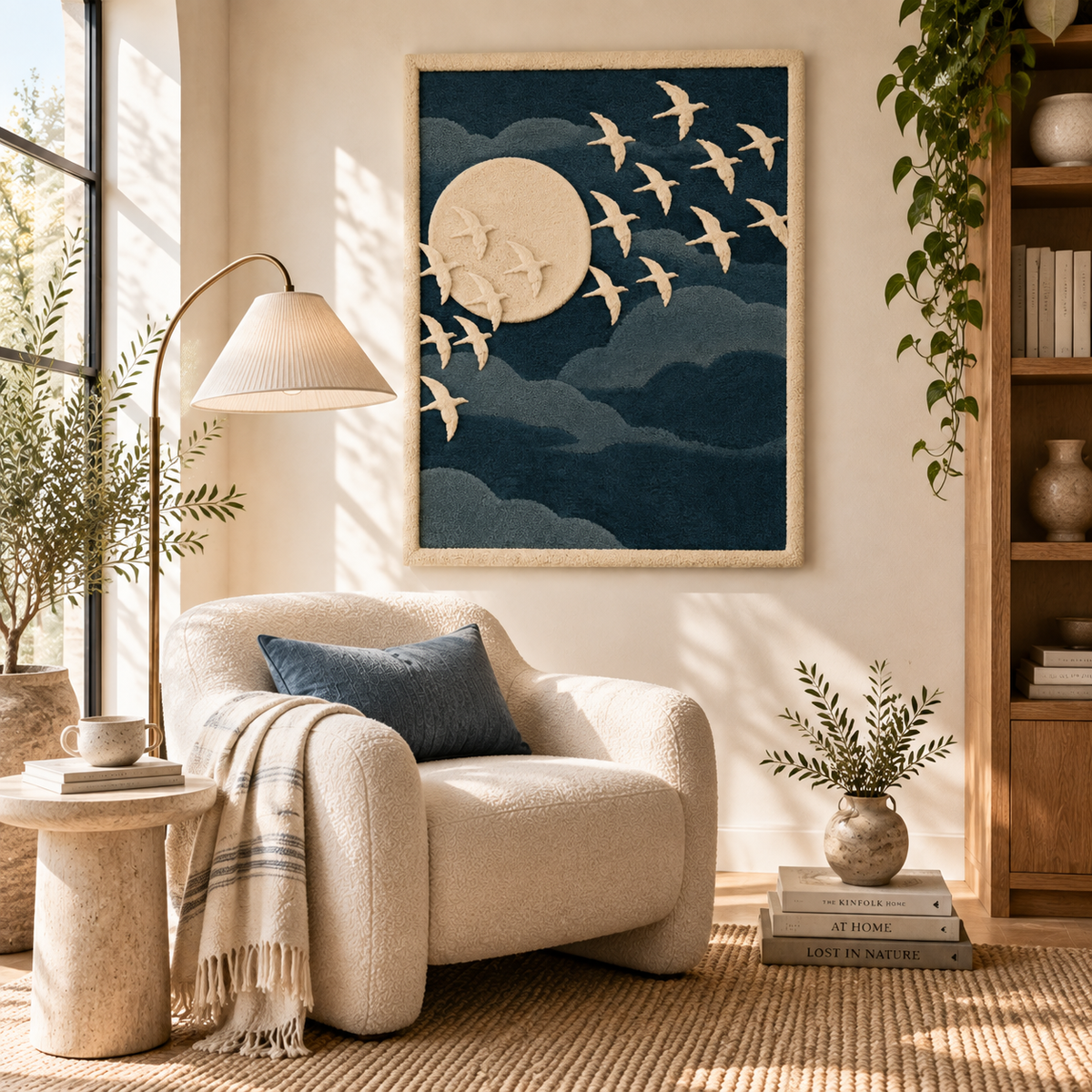 Hewn Earth Moonward Ivory Flock wall art hanging on a modern room wall, featuring soft, flocked ivory textures and geometric design.