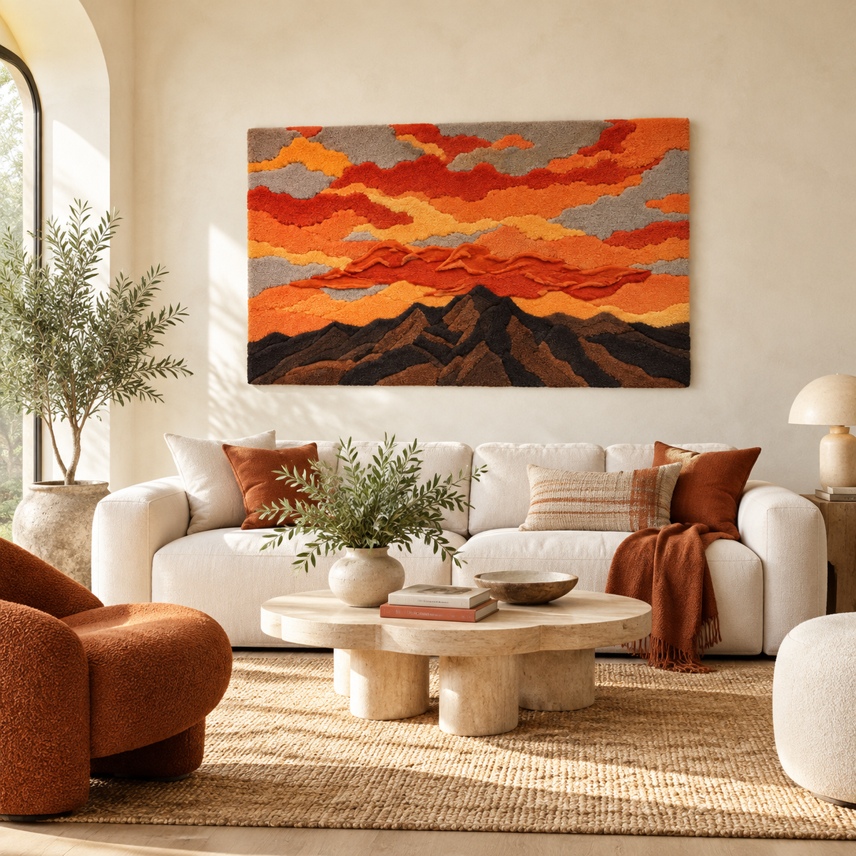 Mountains Under a Flame Sky — front-facing room scene