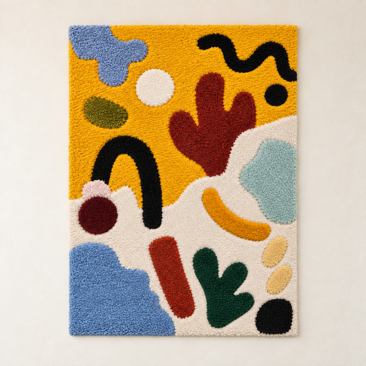 Hewn Earth Mustard Paper Dance wall art print featuring abstract mustard-colored paper design on a white background.