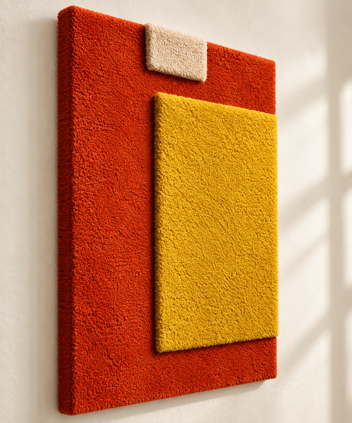 Hewn Earth Mustard Window on Ember wall art featuring a warm mustard window design with an orange ember background, angled view.