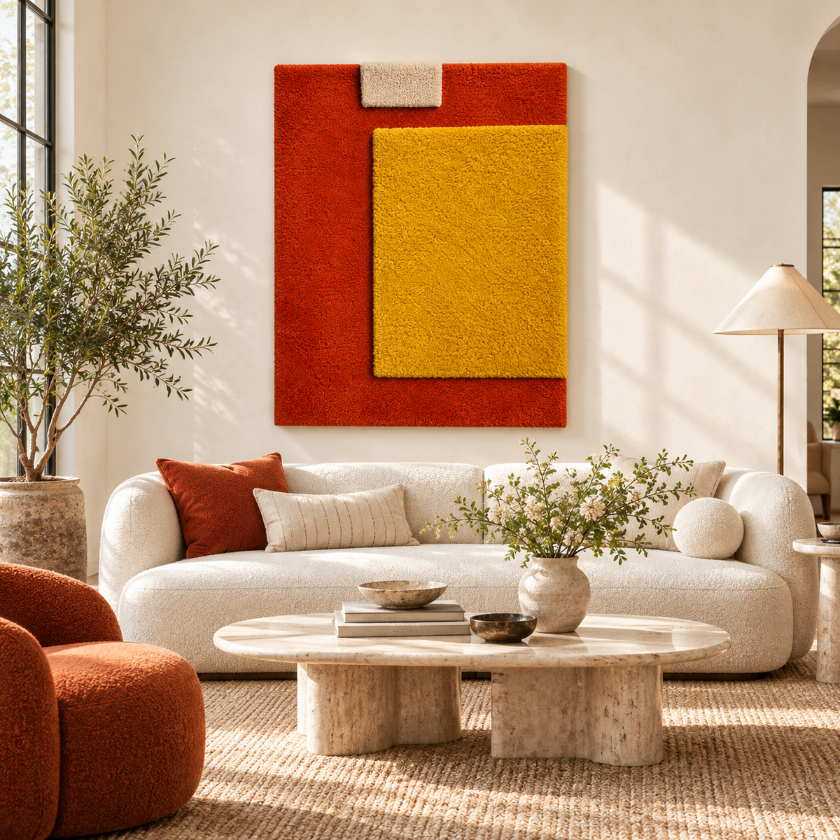 Hewn Earth Mustard Window on Ember wall art featuring a warm mustard window scene in a modern room setting.