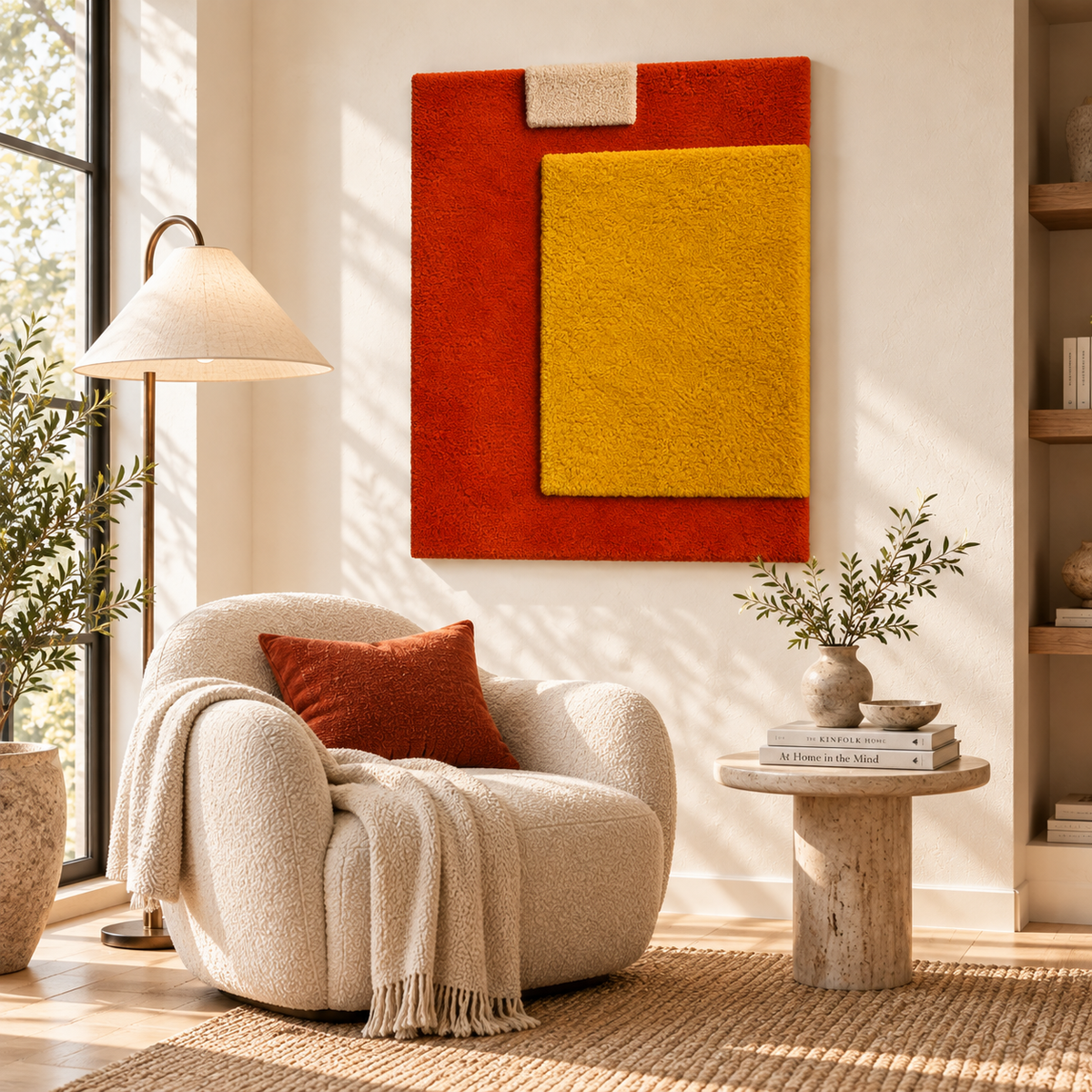Hewn Earth Mustard Window on Ember wall art featuring a warm mustard-colored window design on a room's front wall.