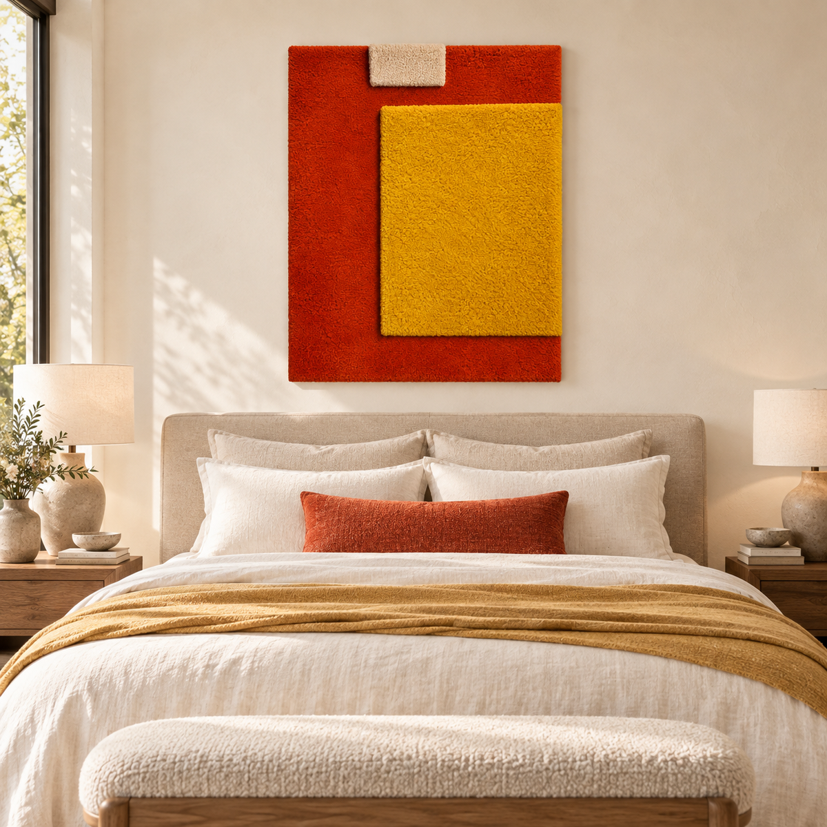 Hewn Earth Mustard Window on Ember wall art featuring a vibrant mustard-colored window design in a room setting.