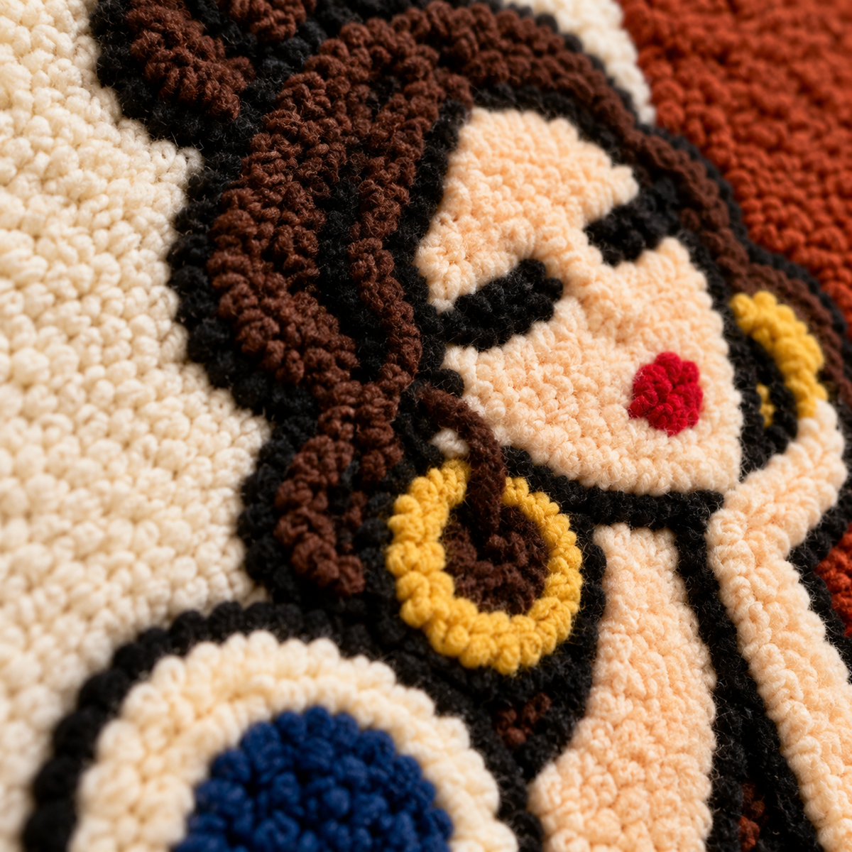 Navy Daisy Pause — tufted wool texture detail
