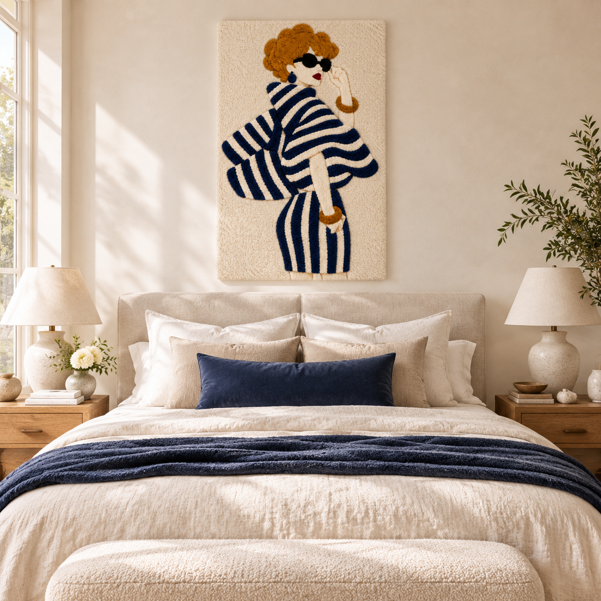 Navy Stripes in the Sun — room setting