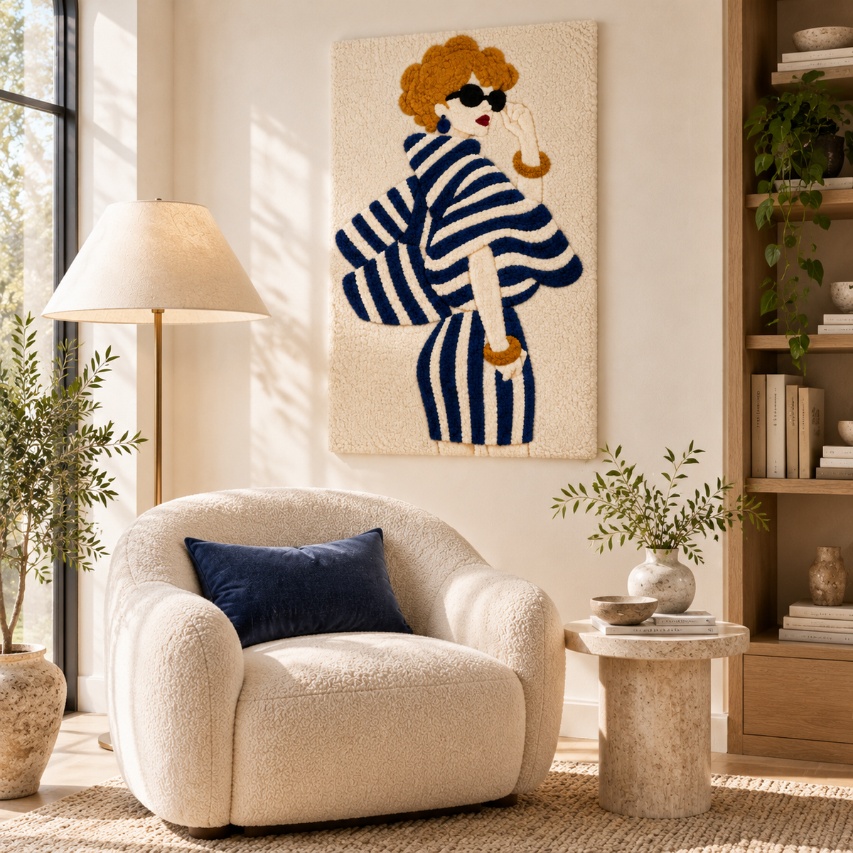 Navy Stripes in the Sun — room setting
