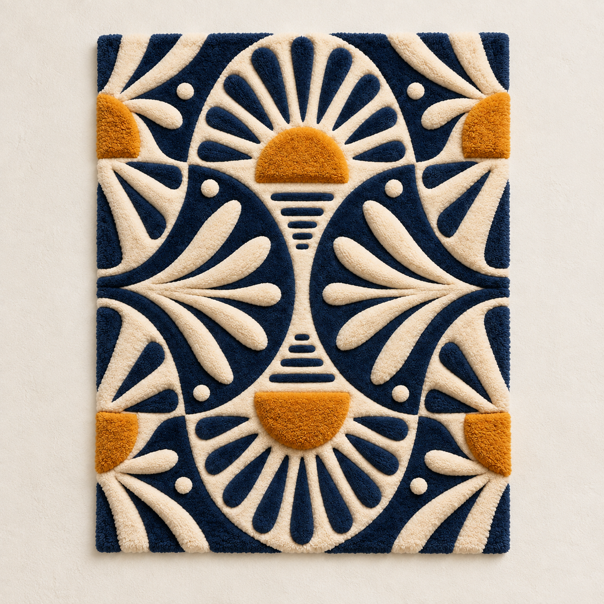 Navy Sunburst Lace wall art by Hewn Earth, showing a circular navy blue lace design with intricate sunburst pattern.