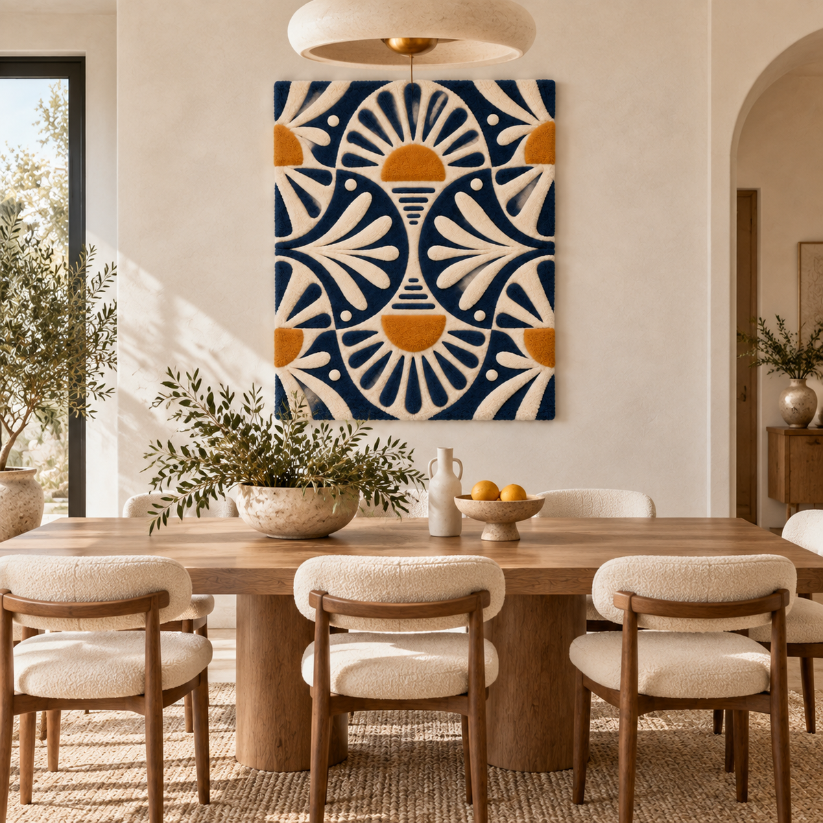 Navy Sunburst Lace wall art by Hewn Earth hanging on a wall in a room, featuring a circular lace-inspired sunburst design.
