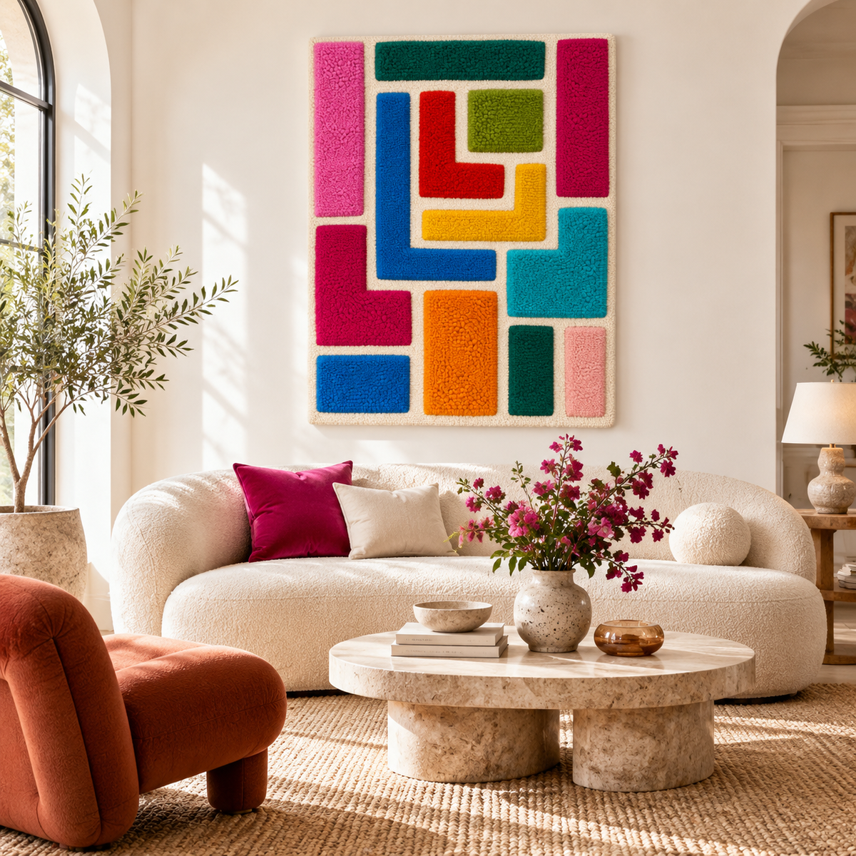 Hewn Earth nested candy corner blocks wall art featuring colorful, geometric shapes arranged in a playful, modern design.